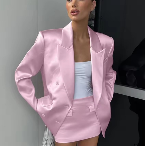 Jackets & Blazers - Fashion Loose Pink Satin 2 Piece Sets Women Outfit
